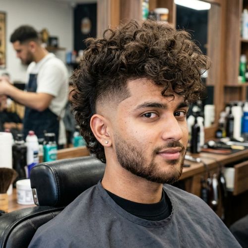 Messy Curly Mohawk with Taper Fade