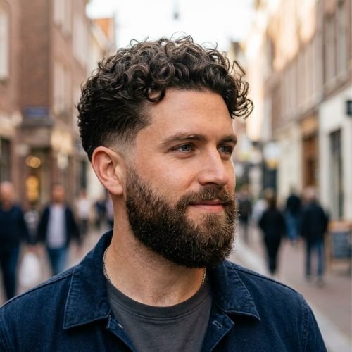 Curly Low Taper with Beard