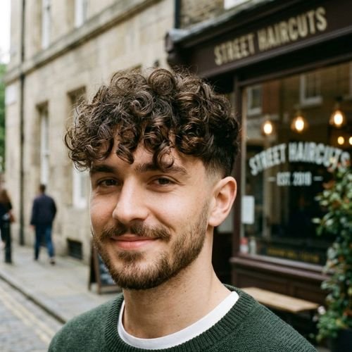 Low Taper Fade Curly Hair Curtain Bangs