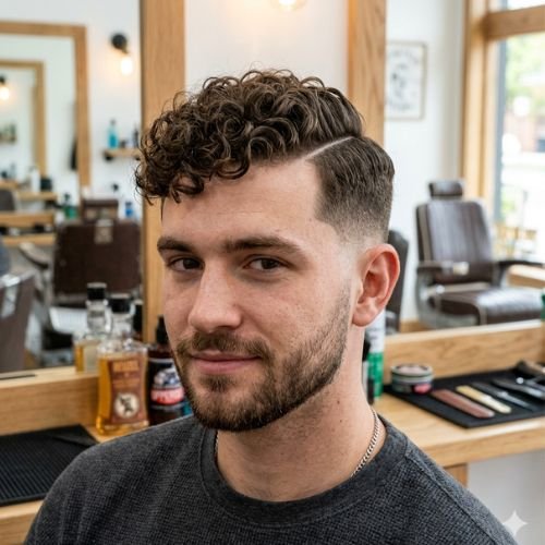 Low Taper with Curly Hard Part